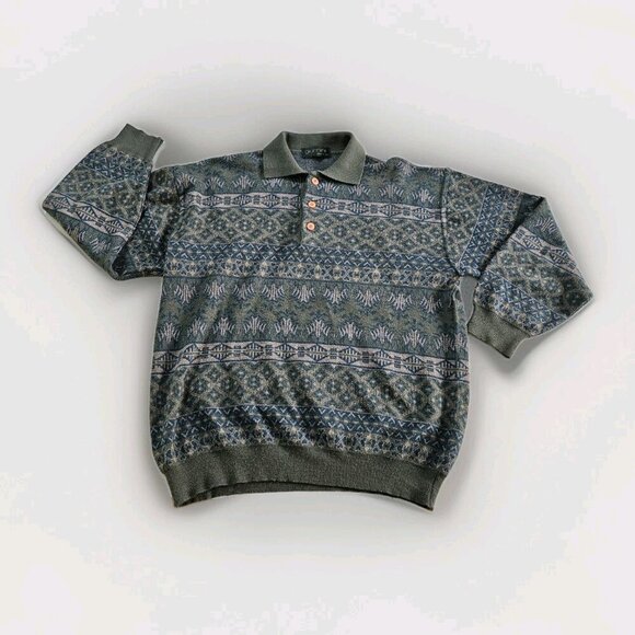 Giannini Polo Sweater Men 52/L Multi LS Buttons Collar Tribal Aztec Geo Vintage - Picture 9 of 15